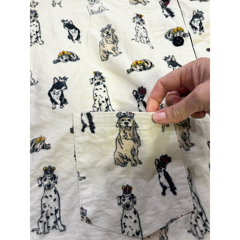 PJ Salvage Women Small Dog Print Flannel Pajama Set Cream‎ Button Front Long - Picture 10 of 15